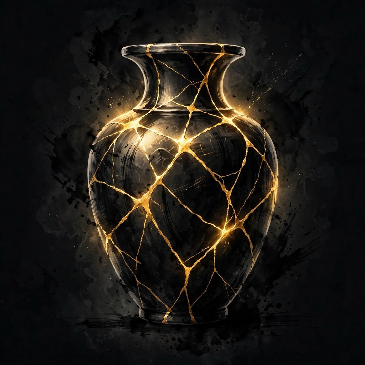 Vasija kintsugi negra con vetas doradas brillantes sobre fondo oscuro