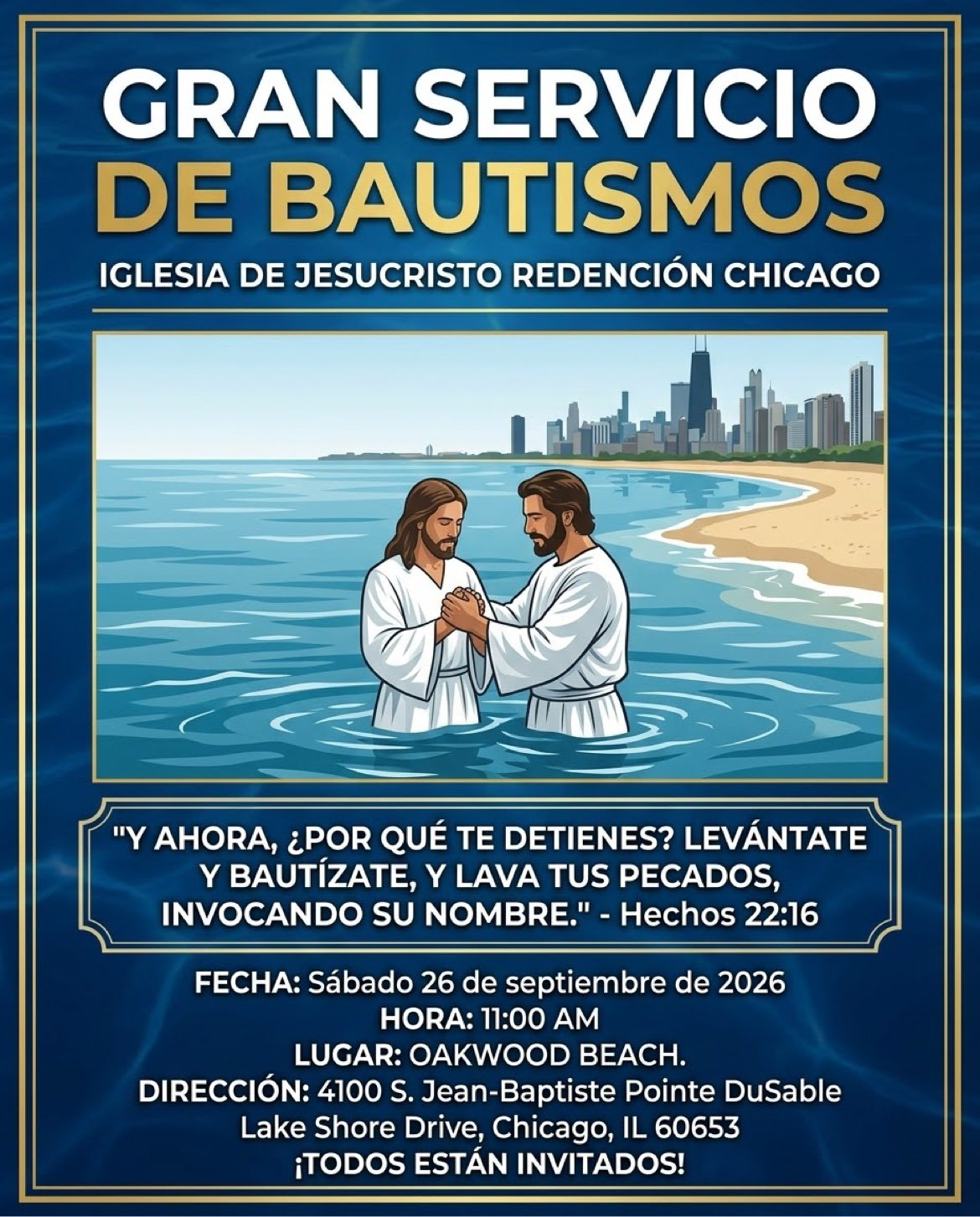 Póster: «Gran Servicio de Bautismos», sábado 26 de septiembre de 2026 en Oakwood Beach, con Hechos 22:16