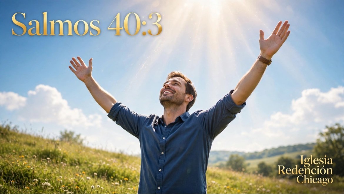 Arte: «Salmos 40:3», un hombre en un campo verde con los brazos alzados — Iglesia Redención Chicago