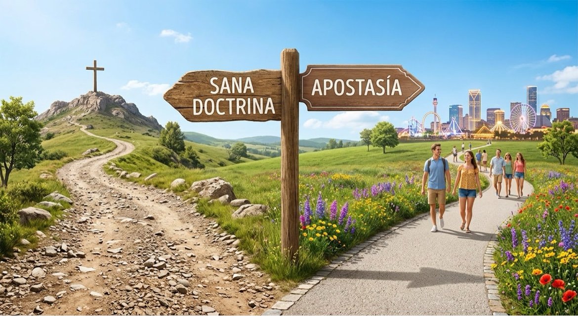 Arte: un letrero de madera que señala dos caminos, «Sana doctrina» hacia la colina con la cruz y «Apostasía» hacia la ciudad